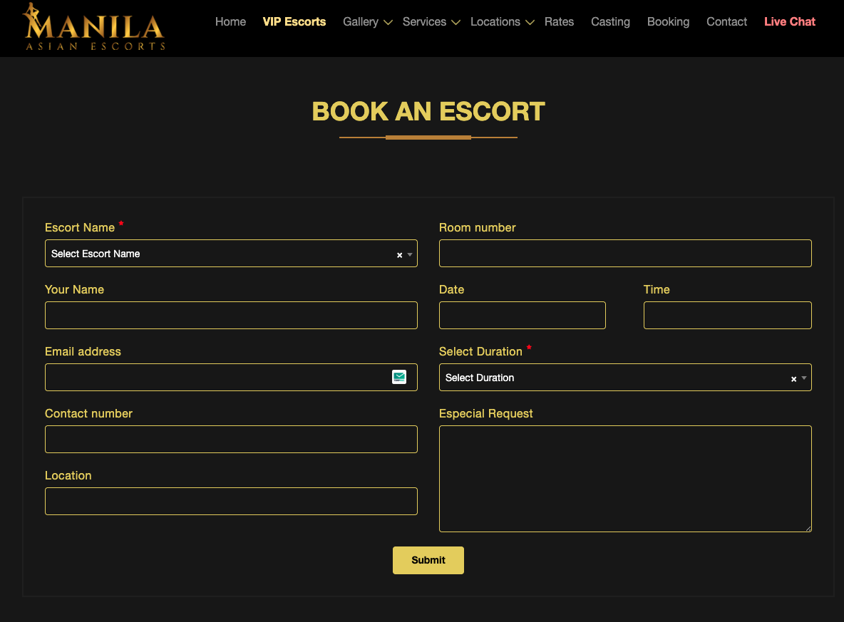 Manila Asian Escorts Book An Escort page showing online booking form with fields for escort name room number name email contact date time duration location and special requests