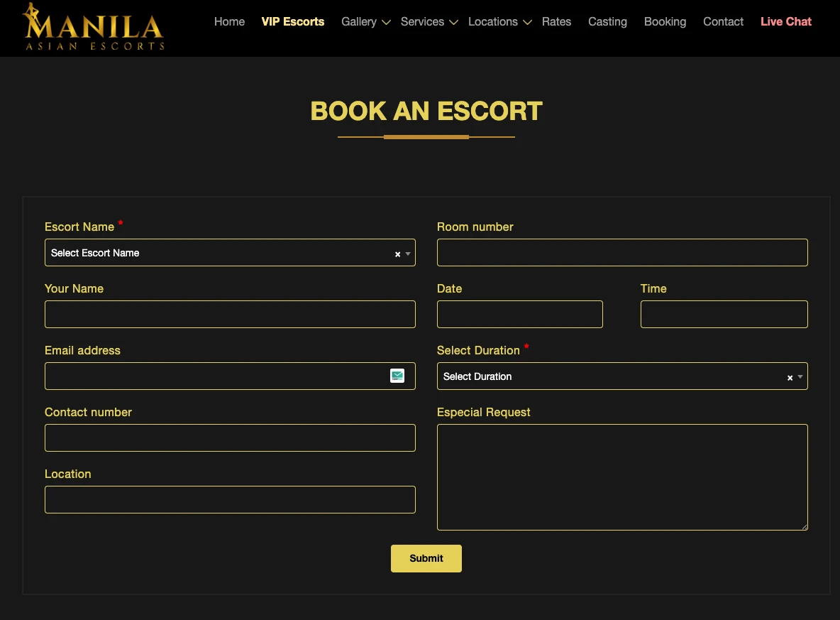 Manila Asian Escorts Book An Escort page showing online booking form with fields for escort name room number name email contact date time duration location and special requests