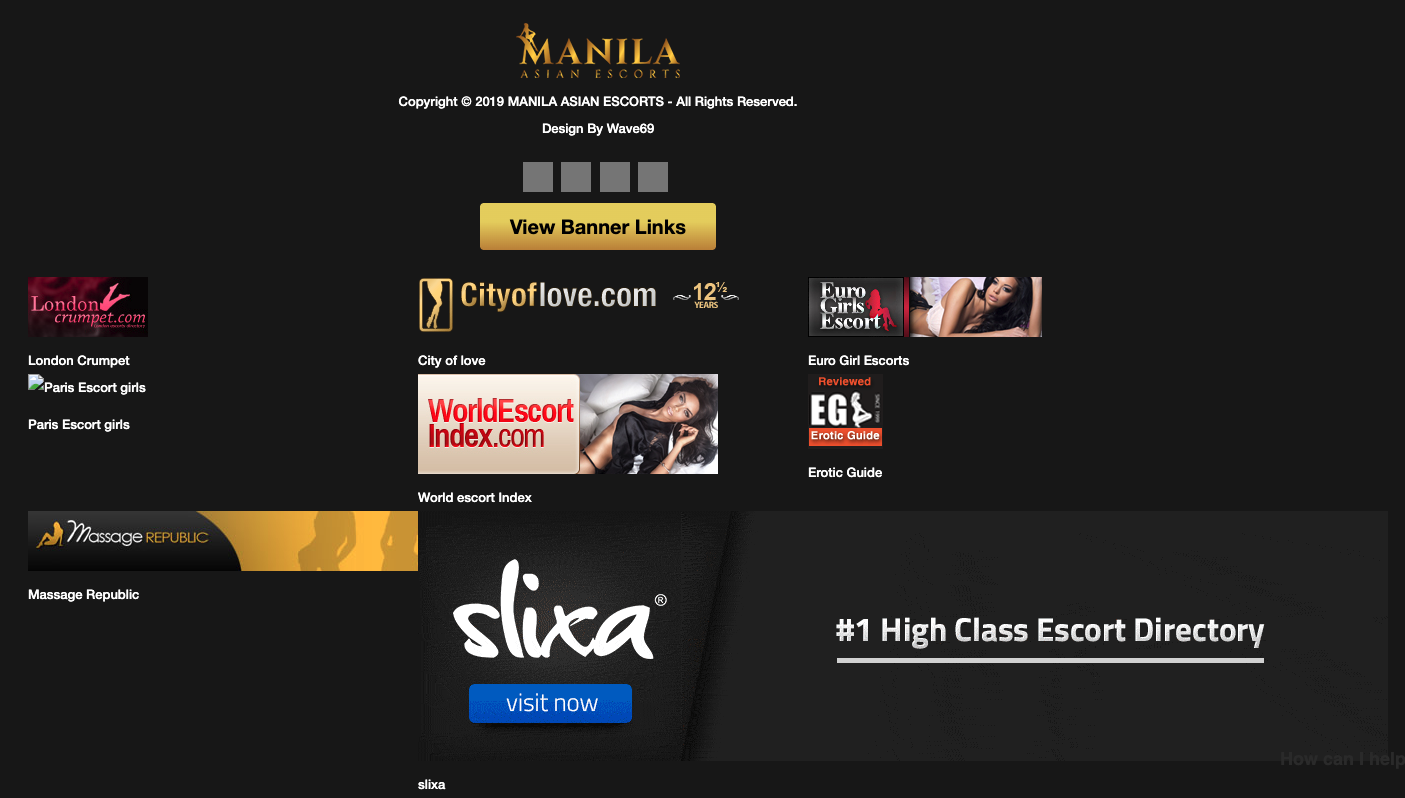 Manila Asian Escorts footer showing Copyright 2019, Wave69 design credit, and directory partner banners for London Crumpet City of Love WorldEscortIndex EuroGirlsEscort Erotic Guide Massage Republic and Slixa