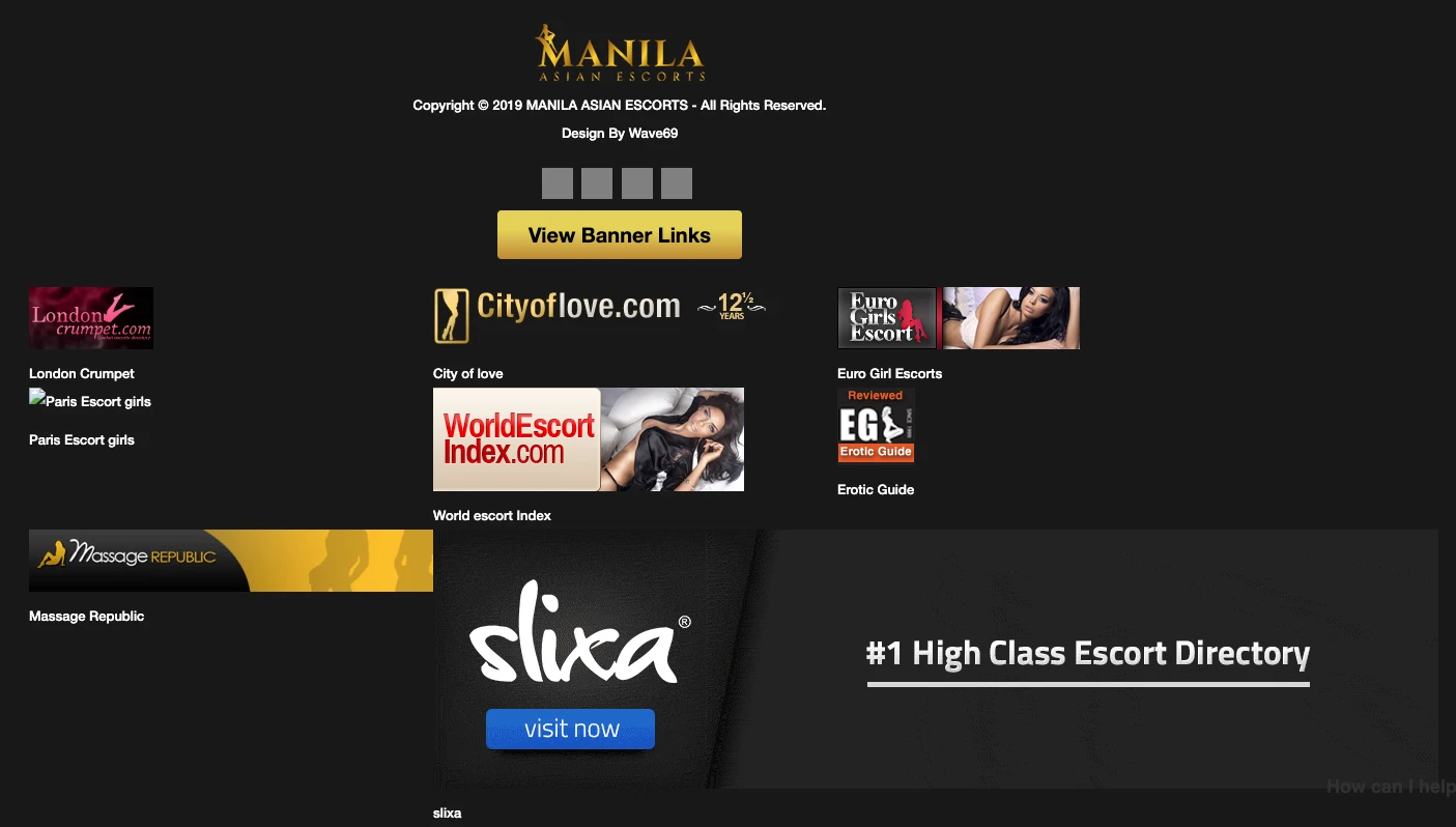 Manila Asian Escorts footer showing Copyright 2019, Wave69 design credit, and directory partner banners for London Crumpet City of Love WorldEscortIndex EuroGirlsEscort Erotic Guide Massage Republic and Slixa