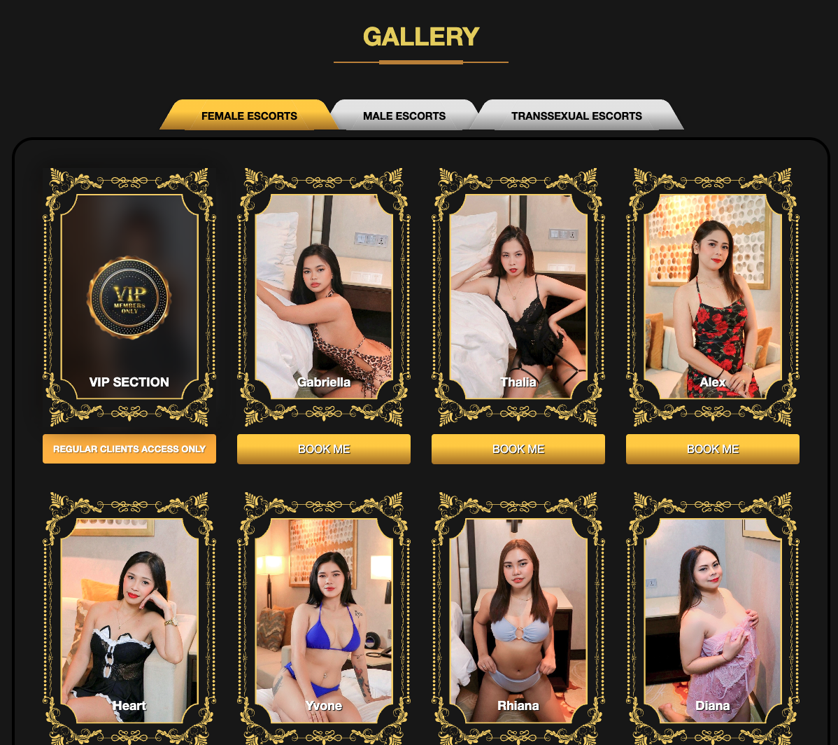 Manila Asian Escorts gallery page showing Female Escorts Male Escorts Transsexual Escorts tabs with VIP Section card and profile grid in ornate gold frames with Book Me buttons