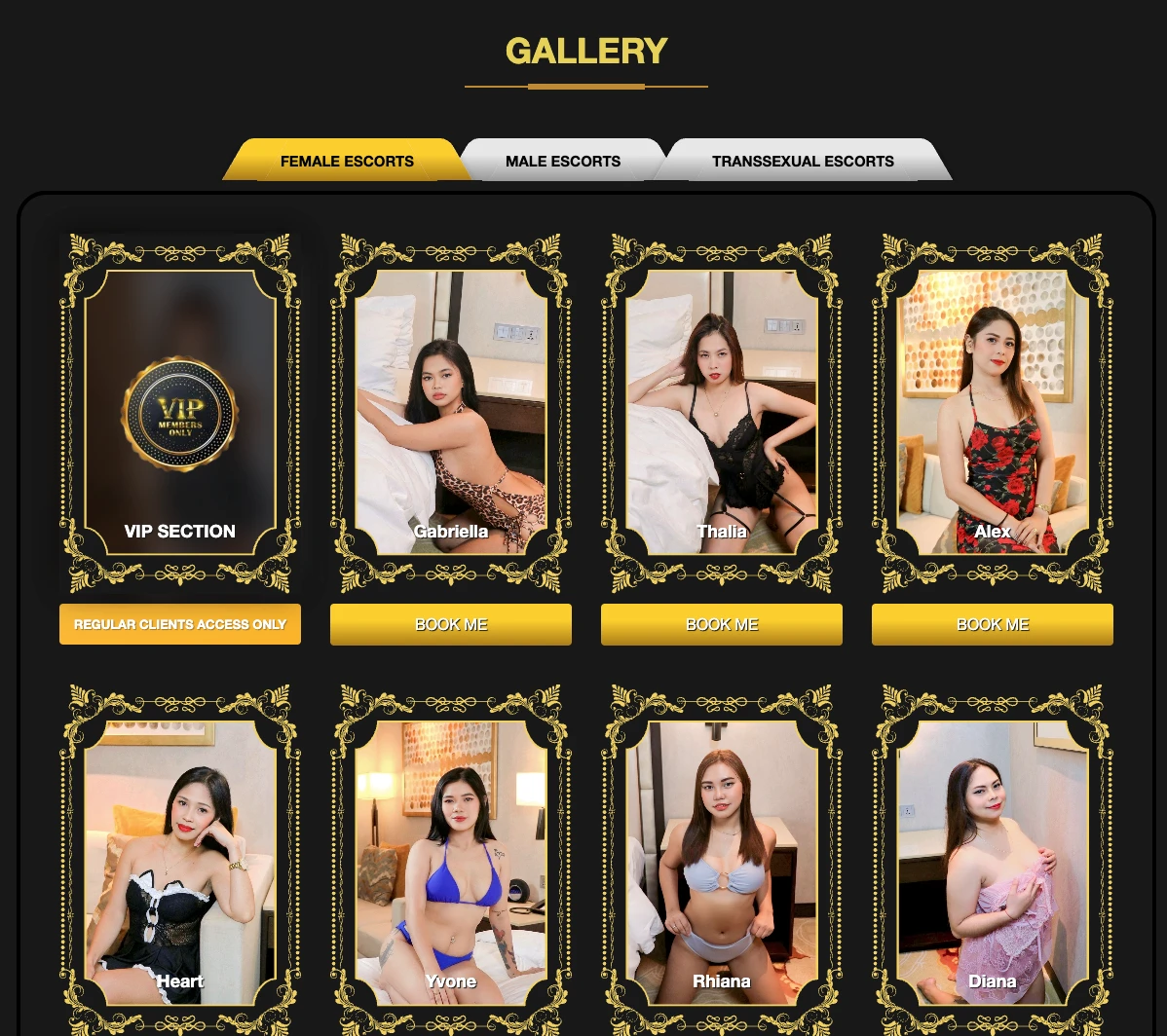 Manila Asian Escorts gallery page showing Female Escorts Male Escorts Transsexual Escorts tabs with VIP Section card and profile grid in ornate gold frames with Book Me buttons