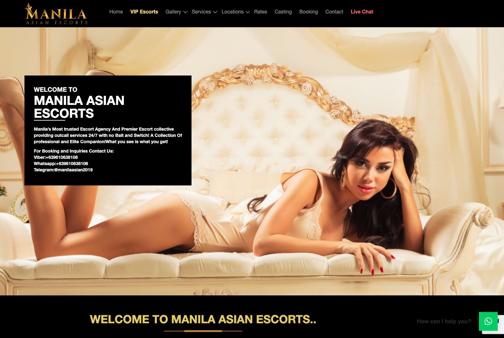 Manila Asian Escorts homepage hero showing yellow and gold branding, female model, Welcome to Manila Asian Escorts headline, and Viber WhatsApp Telegram booking contact details