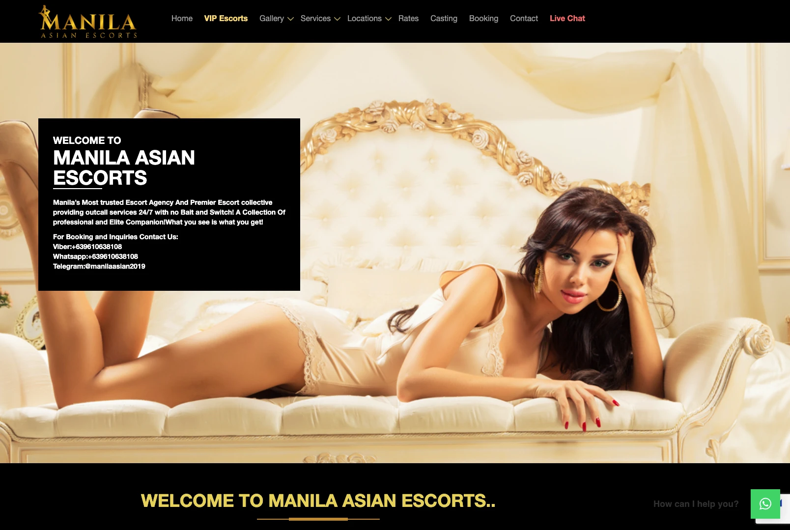 Manila Asian Escorts homepage hero showing yellow and gold branding, female model, Welcome to Manila Asian Escorts headline, and Viber WhatsApp Telegram booking contact details