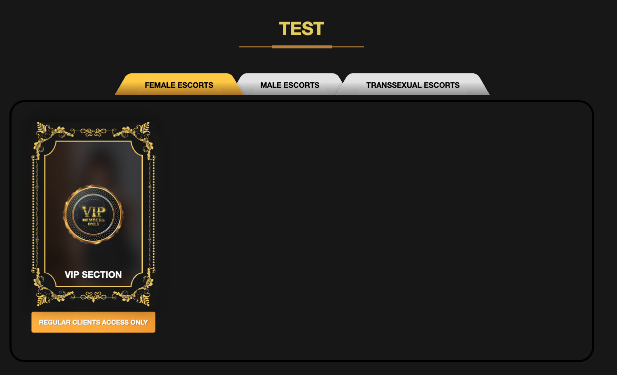 Manila Asian Escorts navigation showing a TEST page with Female Male Transsexual tabs and only a VIP Section card visible - a placeholder page left live in the site navigation