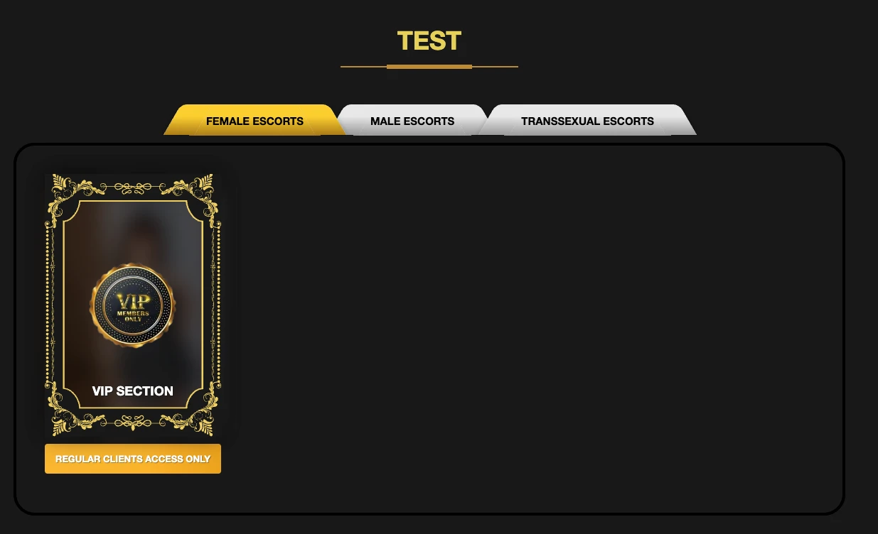 Manila Asian Escorts navigation showing a TEST page with Female Male Transsexual tabs and only a VIP Section card visible - a placeholder page left live in the site navigation
