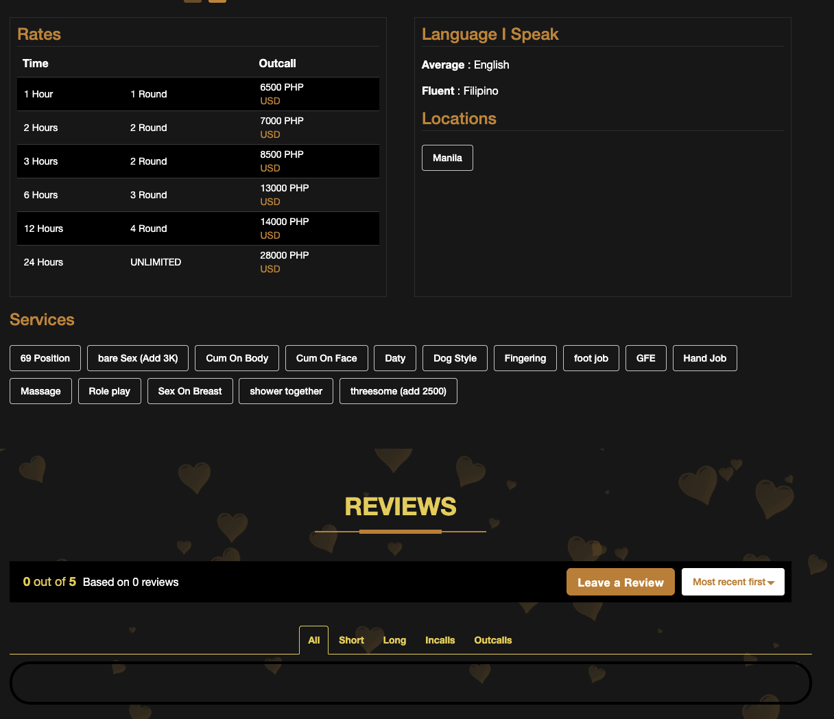 Manila Asian Escorts individual profile rates table showing per-duration PHP prices and rounds, services list including GFE massage roleplay, and reviews section showing 0 out of 5 based on 0 reviews