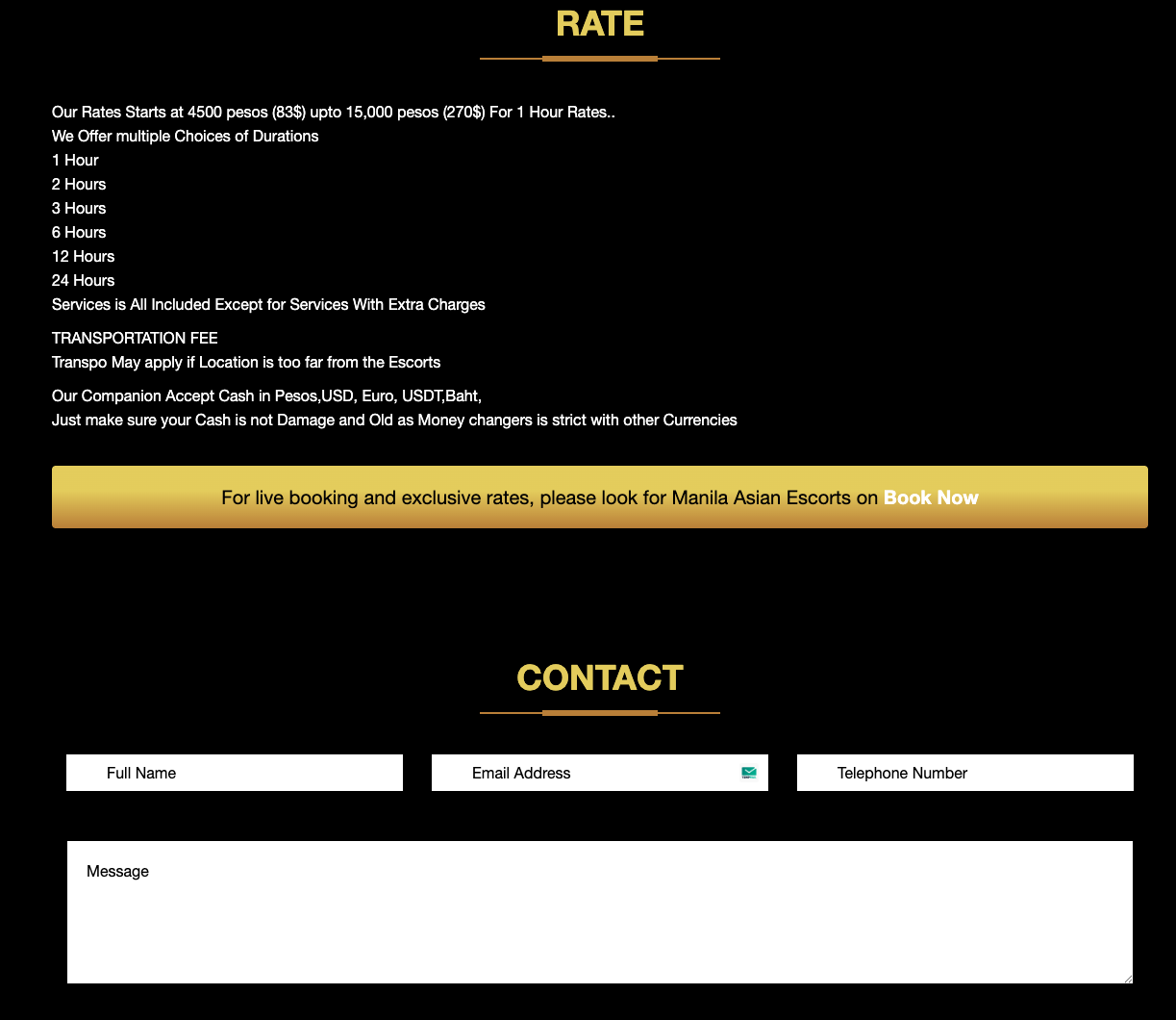 Manila Asian Escorts rates section showing PHP 4500 to 15000 per hour range, six duration options, multi-currency acceptance including USDT and Thai Baht, and contact form below
