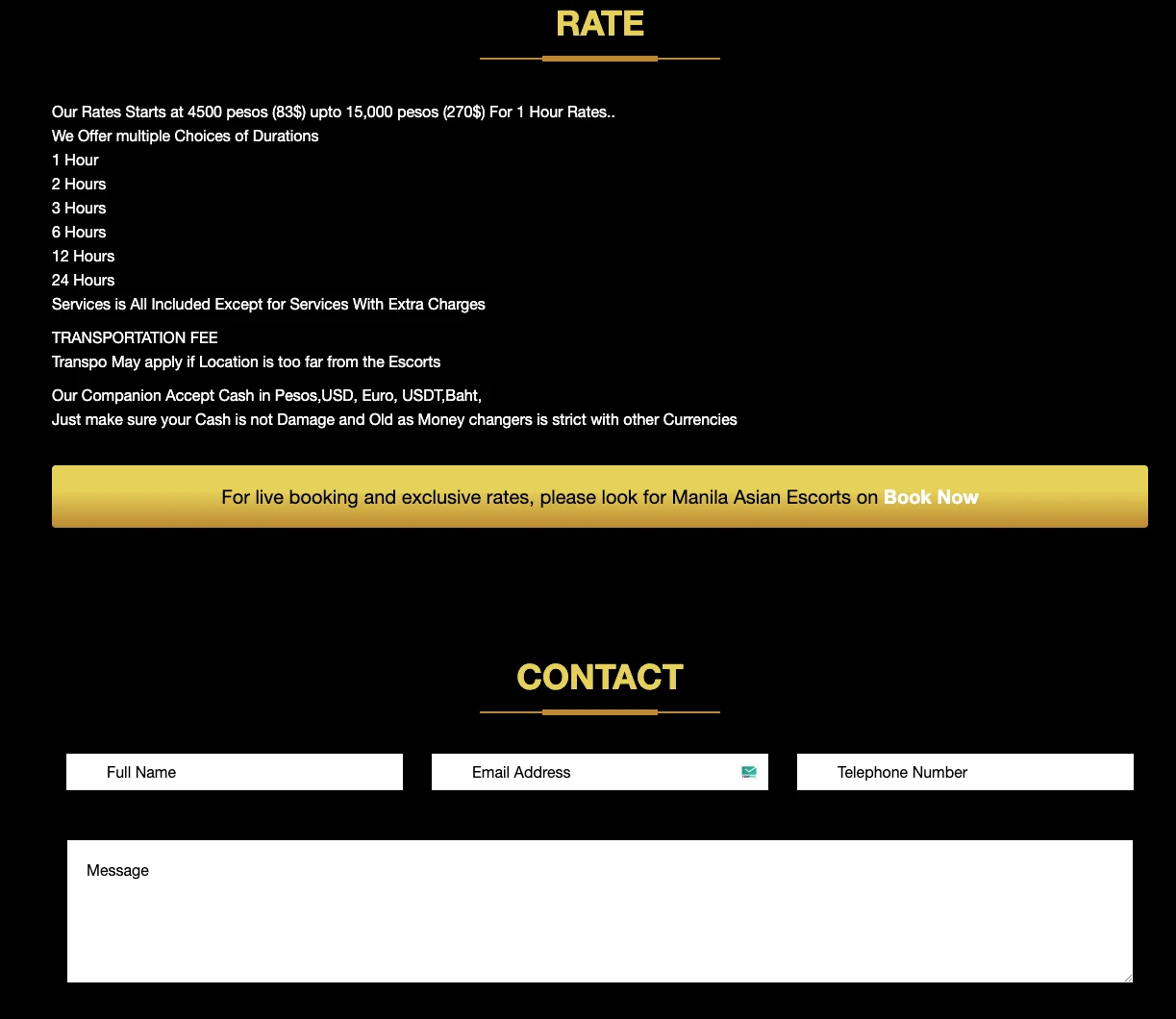 Manila Asian Escorts rates section showing PHP 4500 to 15000 per hour range, six duration options, multi-currency acceptance including USDT and Thai Baht, and contact form below