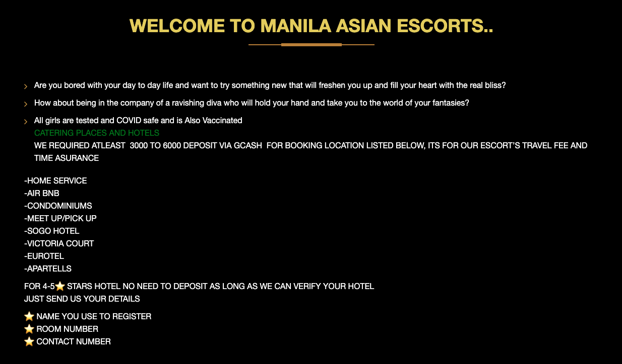 Manila Asian Escorts welcome section showing COVID safety claim, GCash deposit requirement of PHP 3000 to 6000 for home service Airbnb condos SOGO Victoria Court Eurotel and apartels, and 4-5 star hotel verification process