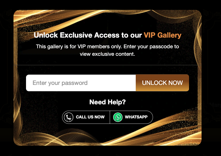 Manila Asian Escorts VIP gallery passcode modal showing exclusive access heading, password field, access button, and Need Help options for Call Us and WhatsApp