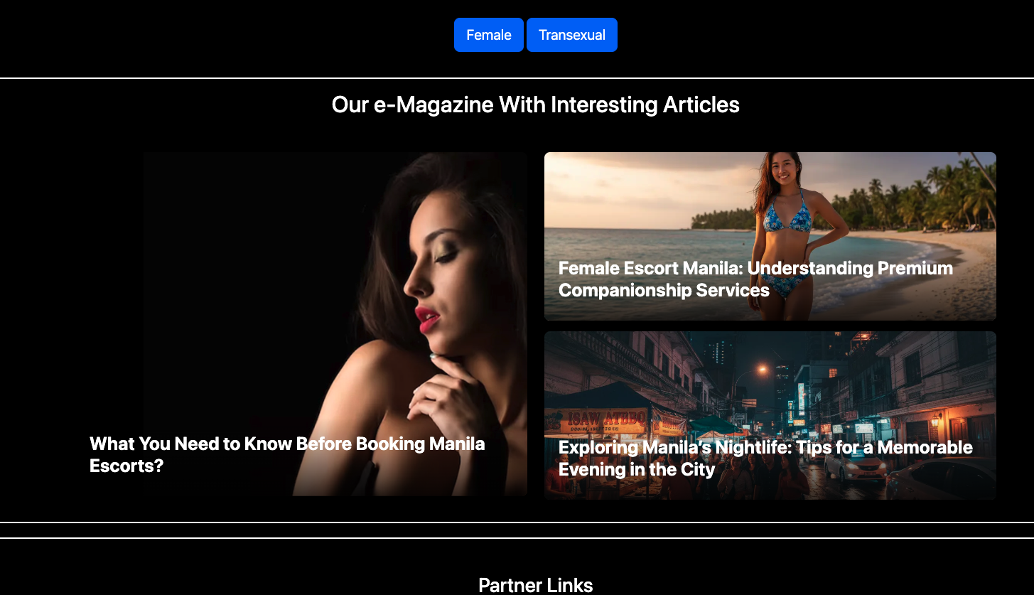 Manila Escort e-Magazine section showing three article thumbnails about Female Escort Manila premium services, booking guide, and Manila nightlife tips