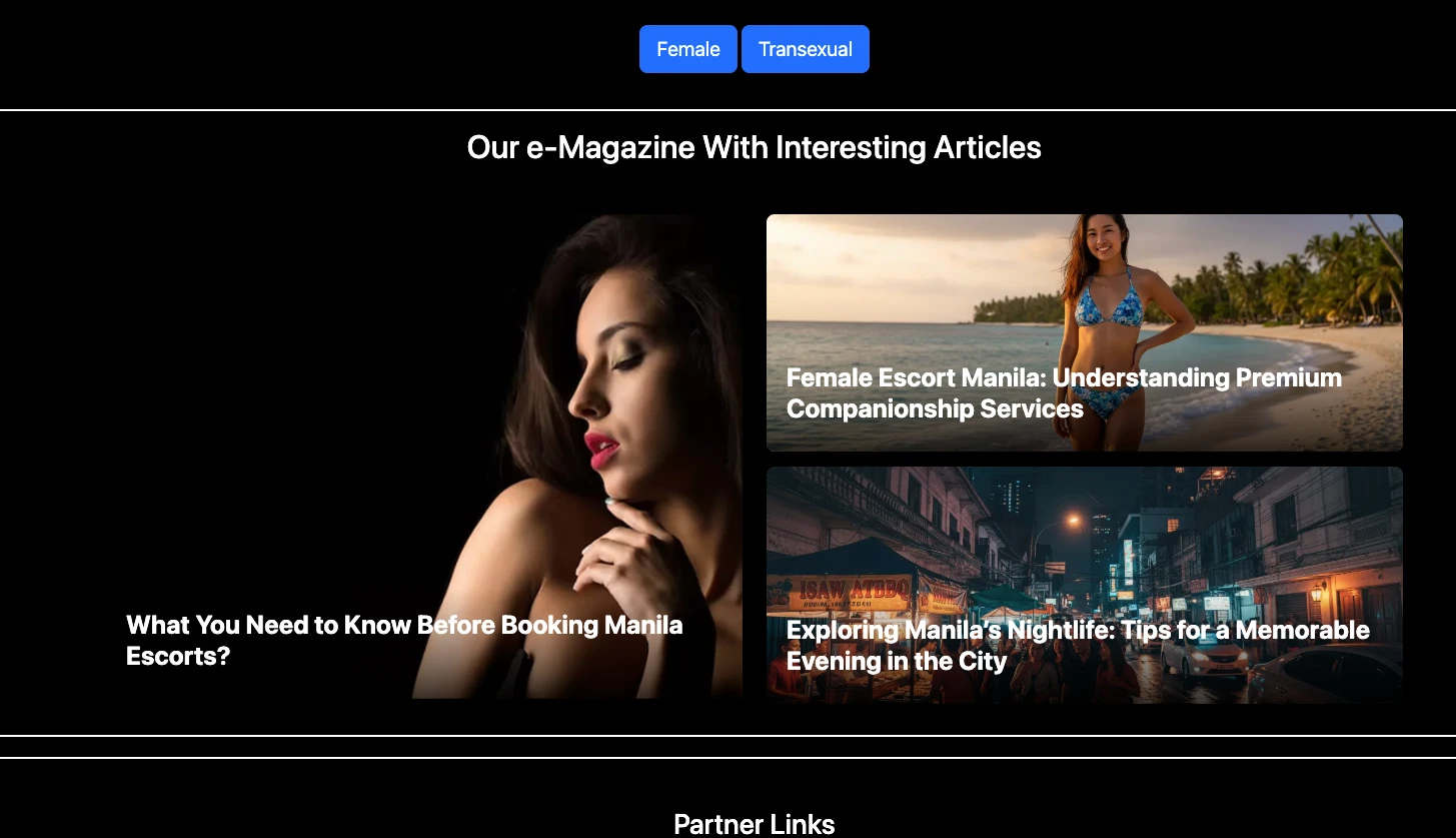 Manila Escort e-Magazine section showing three article thumbnails about Female Escort Manila premium services, booking guide, and Manila nightlife tips