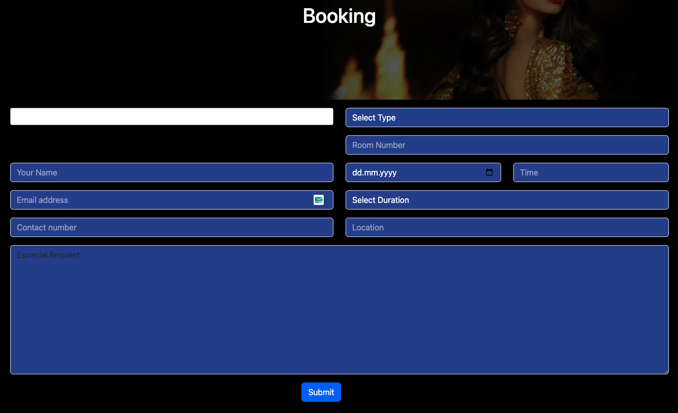 Manila Escort online booking form showing fields for escort selection, room number, name, email, contact number, date, time, duration, location, and special requests