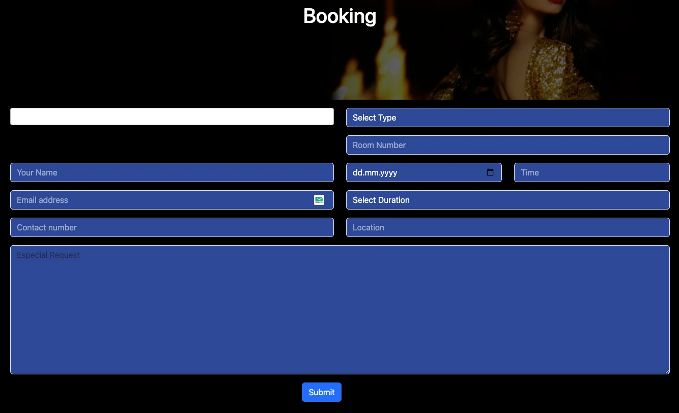 Manila Escort online booking form showing fields for escort selection, room number, name, email, contact number, date, time, duration, location, and special requests