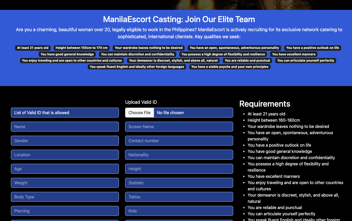 Manila Escort casting page showing requirements for applicants including age 21 plus, height 160 plus, personality requirements, and Valid ID upload section