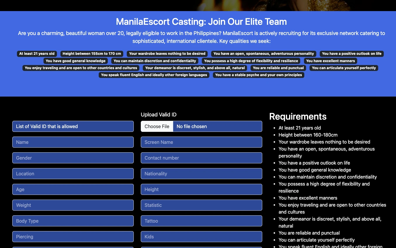 Manila Escort casting page showing requirements for applicants including age 21 plus, height 160 plus, personality requirements, and Valid ID upload section
