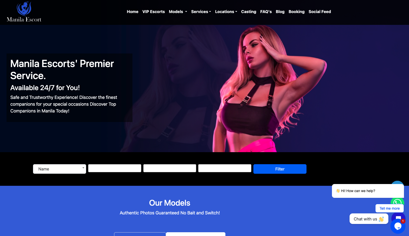 Manila Escort homepage hero showing Manila Escorts Premier Service tagline, search filter bar, and Our Models section on blue background