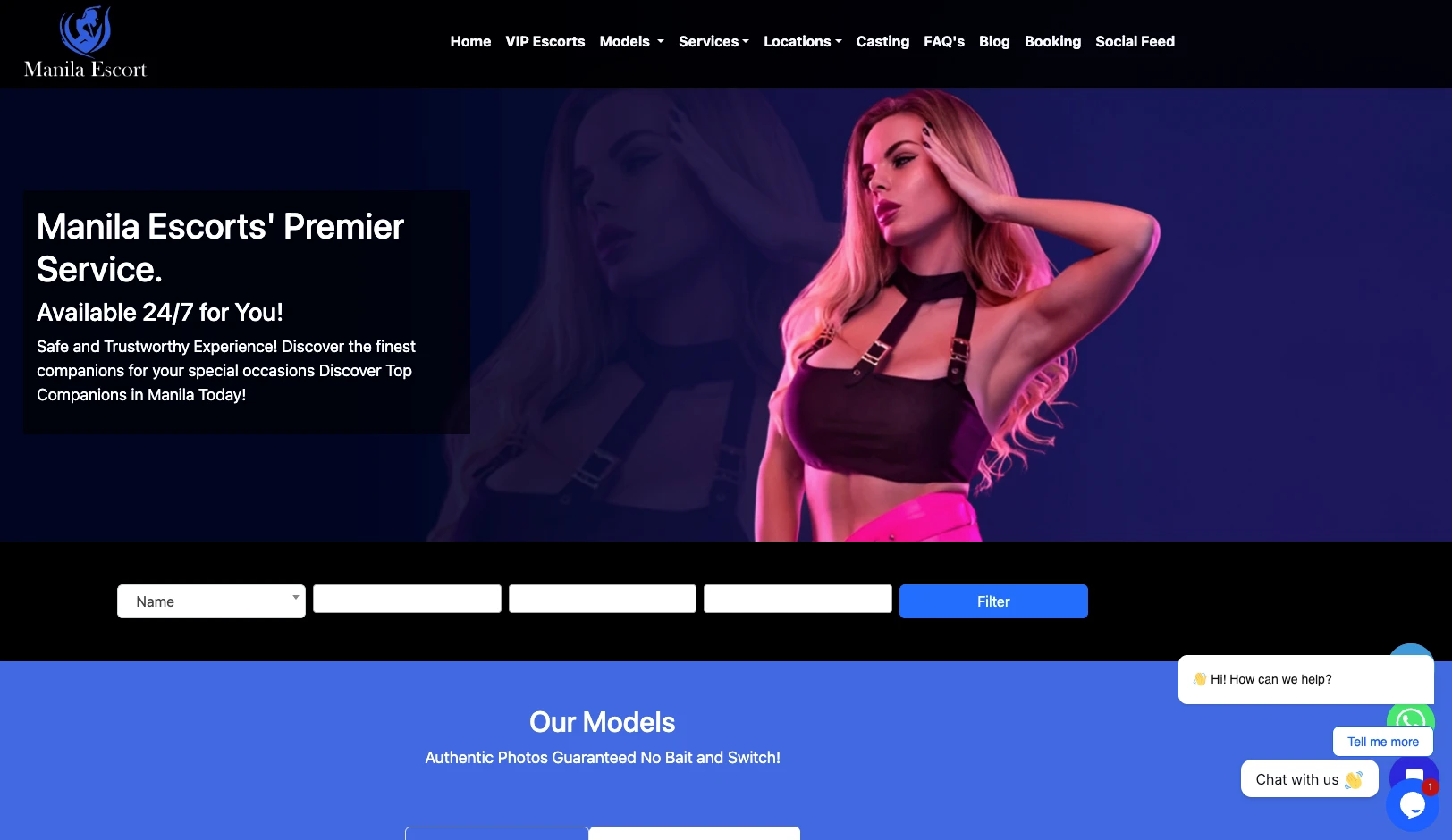 Manila Escort homepage hero showing Manila Escorts Premier Service tagline, search filter bar, and Our Models section on blue background