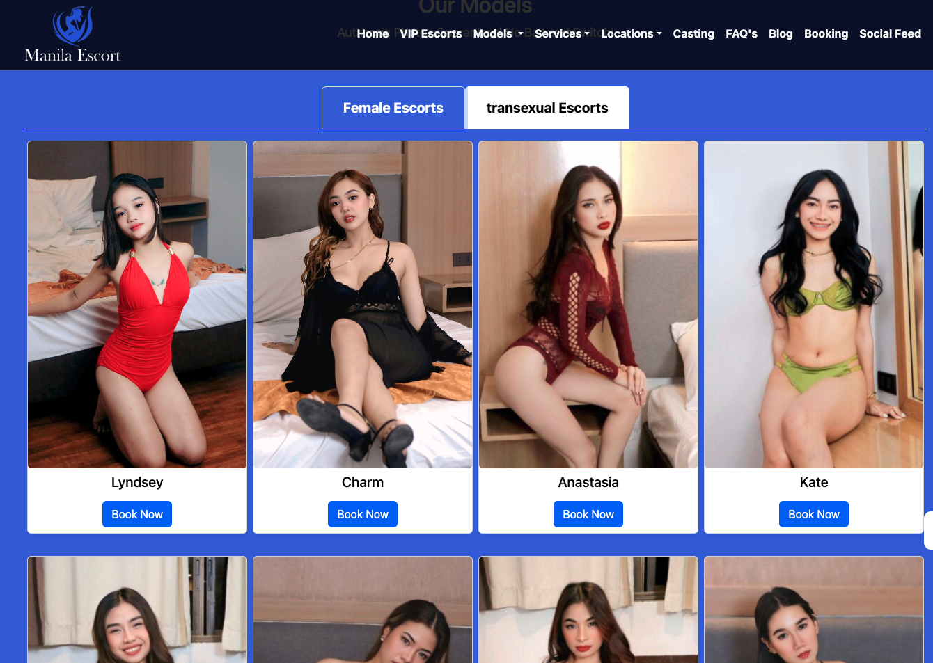 Manila Escort models gallery showing Female Escorts and Transexual Escorts tab navigation with profile cards for Lyndsey, Charm, Anastasia, and Kate