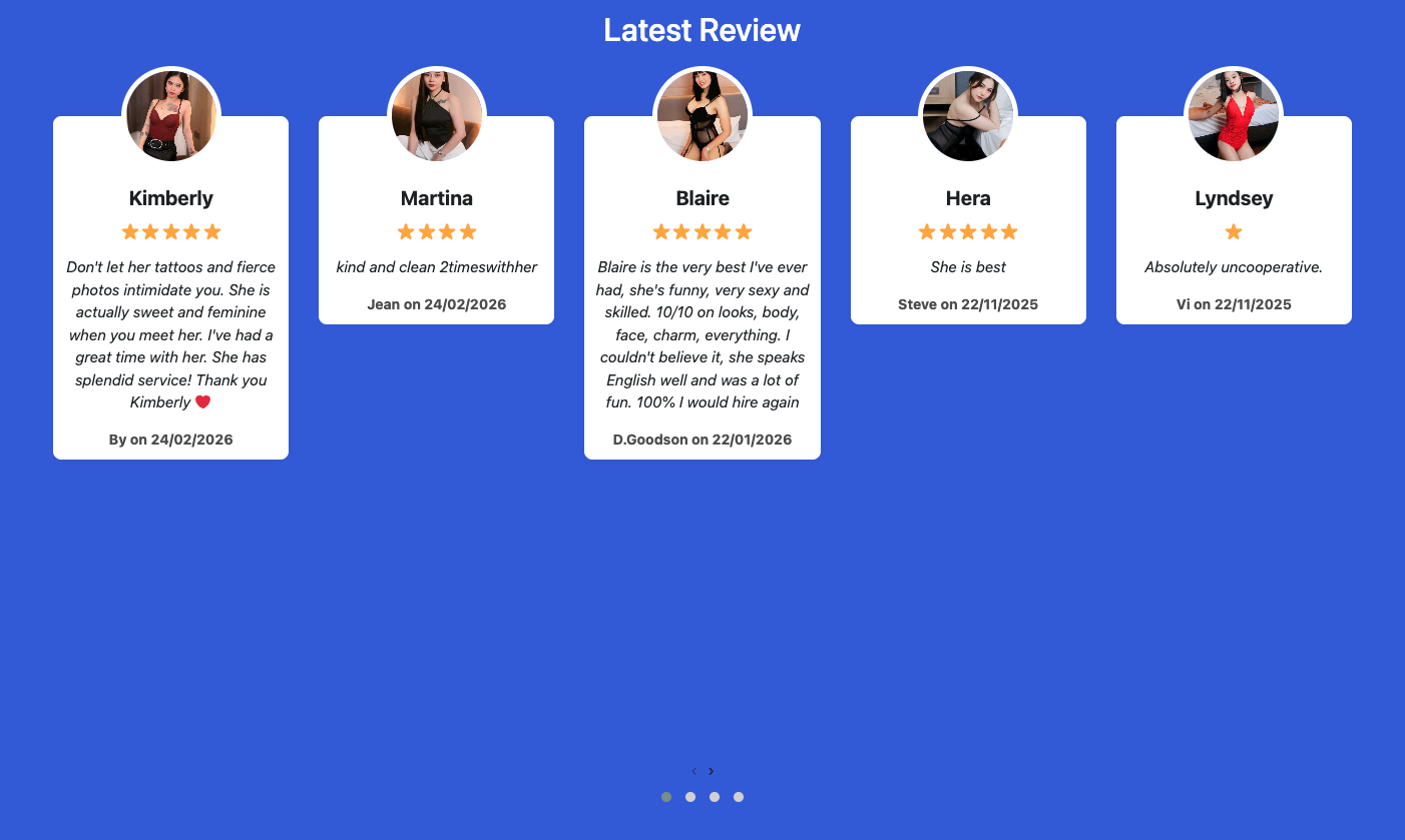 Manila Escort homepage review carousel showing text reviews with star ratings for Kimberly, Martina, Blaire, Hera, and Lyndsey - no screenshot proof attached