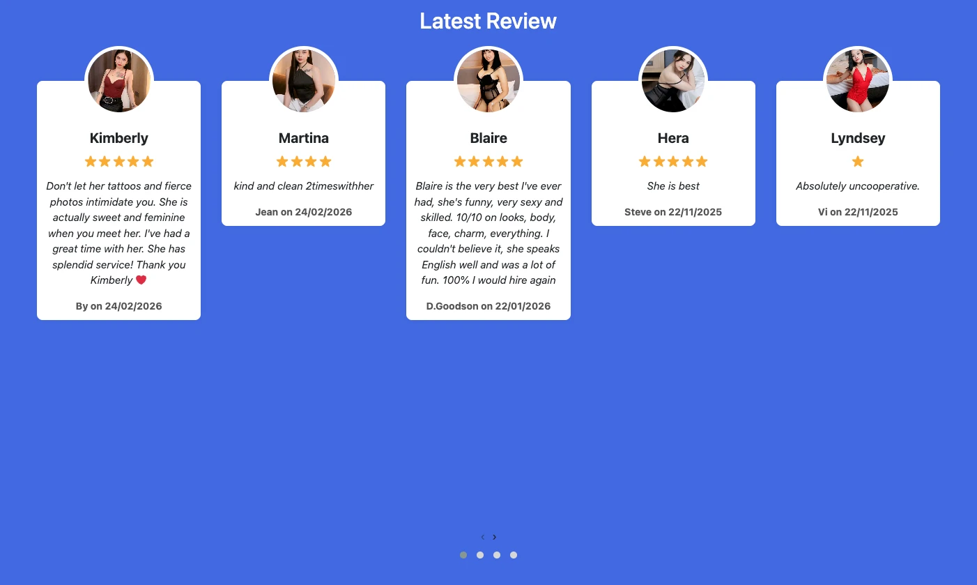 Manila Escort homepage review carousel showing text reviews with star ratings for Kimberly, Martina, Blaire, Hera, and Lyndsey - no screenshot proof attached