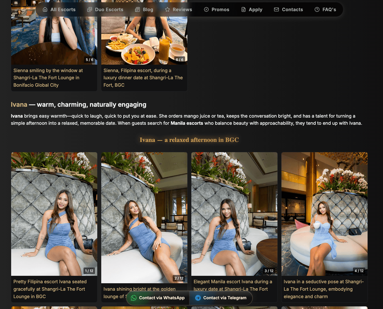 The Courtesans of Manila blog showing escort Ivana in a 12-photo professional shoot at Shangri-La The Fort Lounge BGC, with multiple poses and angles from an actual venue visit