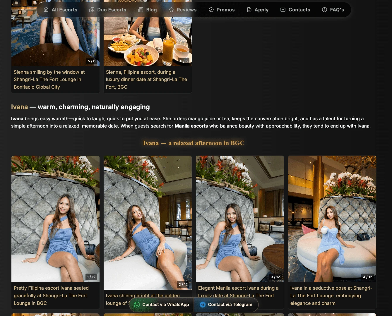 The Courtesans of Manila blog showing escort Ivana in a 12-photo professional shoot at Shangri-La The Fort Lounge BGC, with multiple poses and angles from an actual venue visit