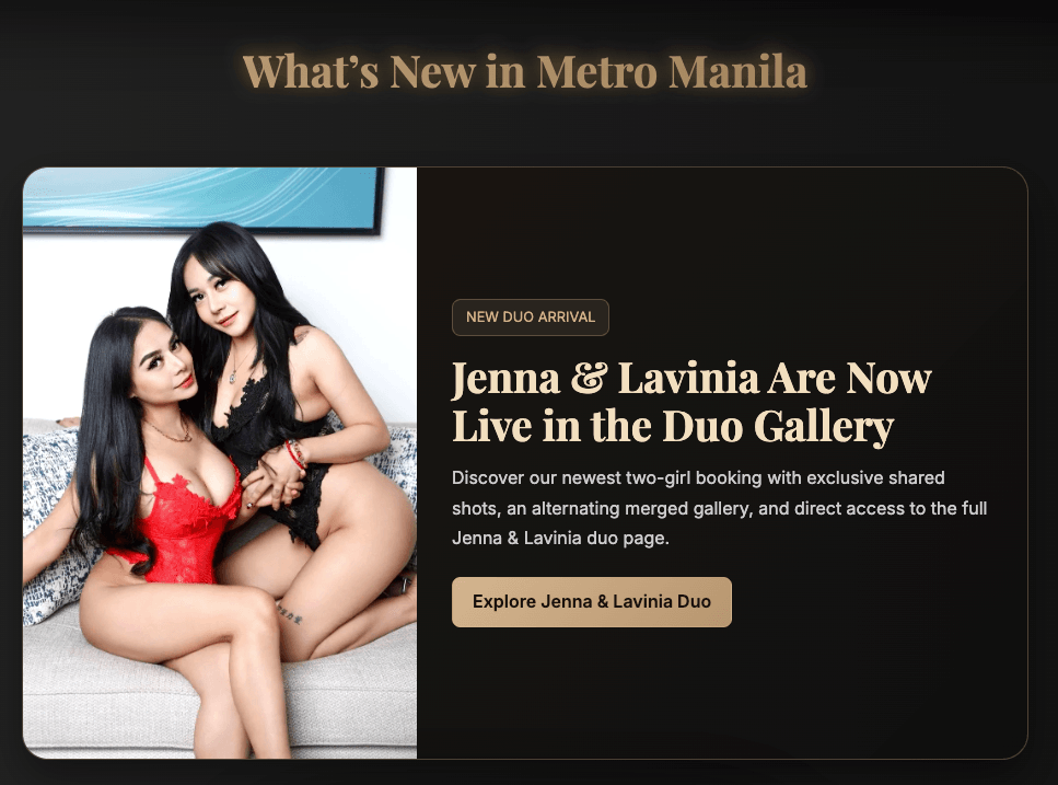 The Courtesans of Manila What's New in Metro Manila section showing Jenna and Lavinia new duo gallery arrival announcement with shared professional photos and link to full duo page