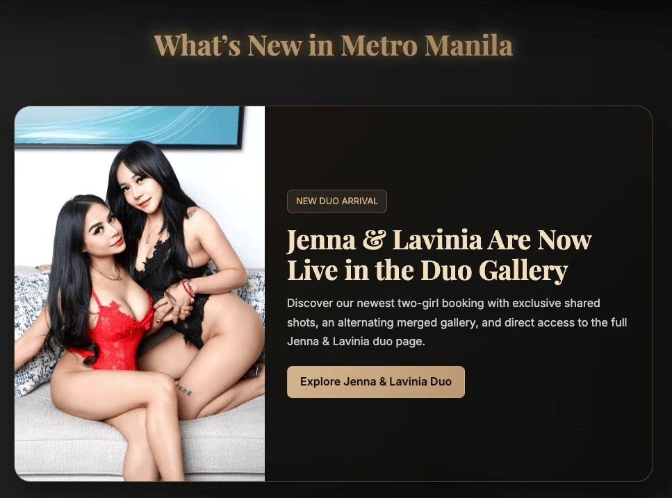 The Courtesans of Manila What's New in Metro Manila section showing Jenna and Lavinia new duo gallery arrival announcement with shared professional photos and link to full duo page
