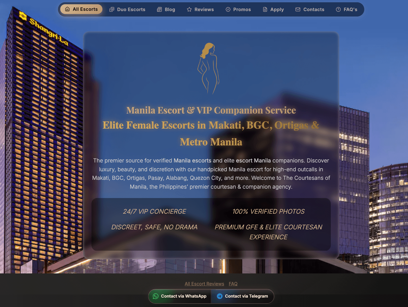 The Courtesans of Manila homepage showing dark luxury design, Shangri-La Fort backdrop, 24/7 VIP concierge and verified photos claims, WhatsApp and Telegram booking buttons