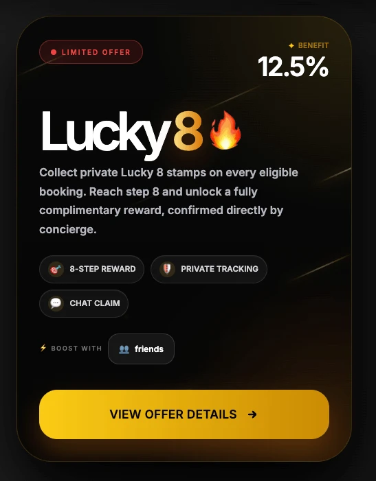 The Courtesans of Manila Lucky 8 loyalty program card showing 12.5% benefit, 8-step reward system, private tracking, and chat claim - limited offer currently active