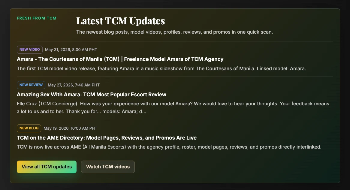 The Courtesans of Manila latest updates panel showing AME Directory blog post review and video