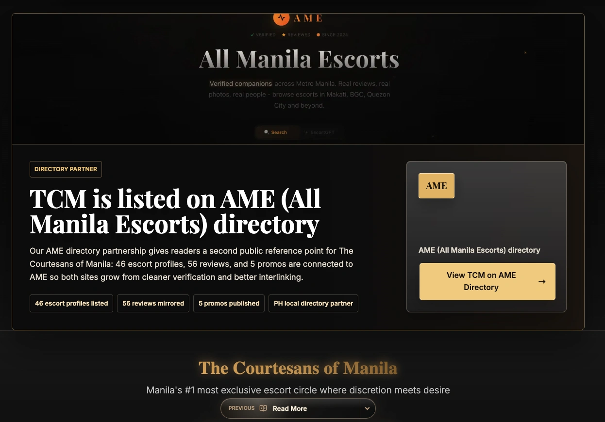 The Courtesans of Manila AME directory announcement showing mapped profiles reviews and promos