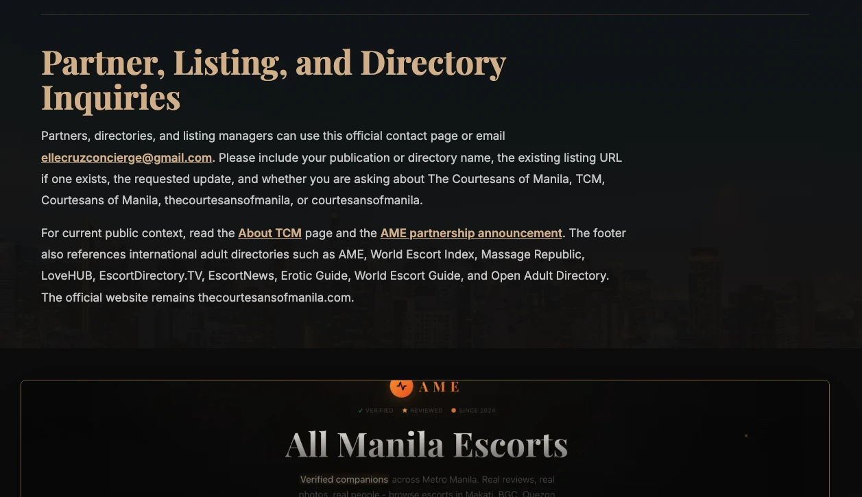 The Courtesans of Manila partner listing and directory inquiries section referencing AME partnership announcement