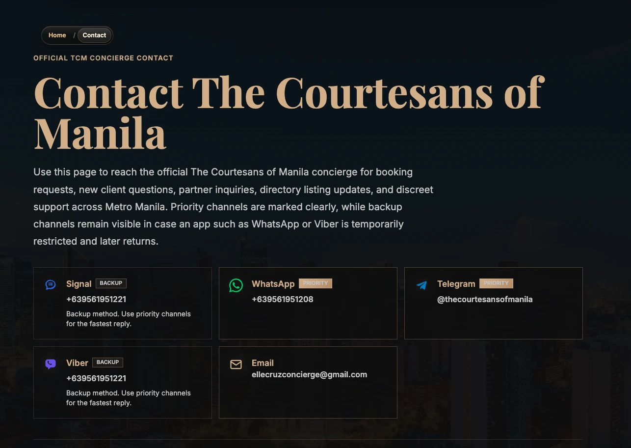 The Courtesans of Manila contact page showing official concierge channels in Manila